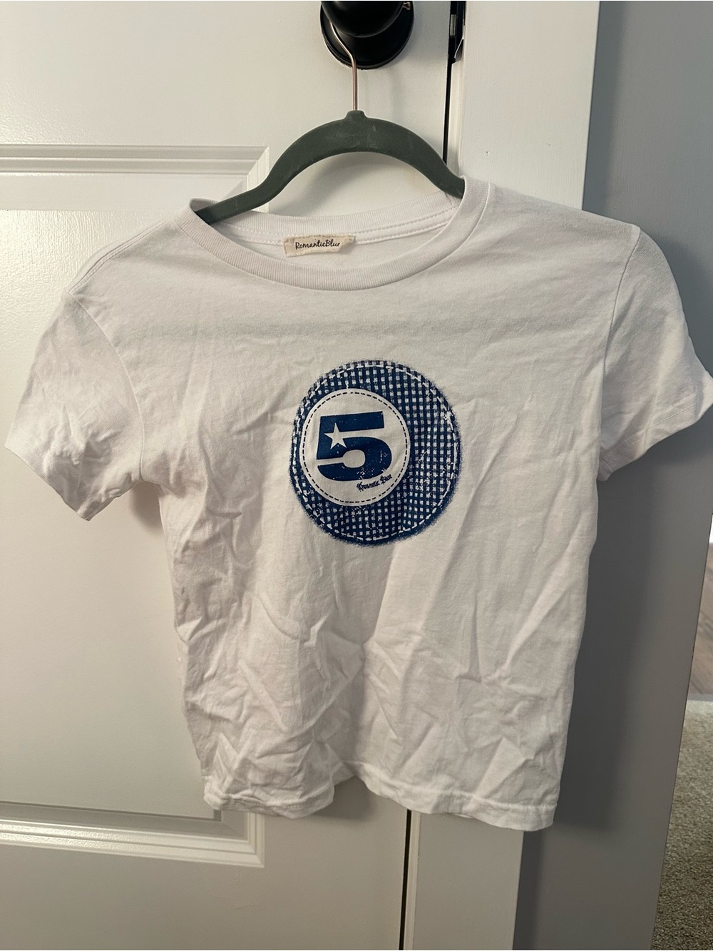 White Short Sleeve Graphic Tee with Blue Patch